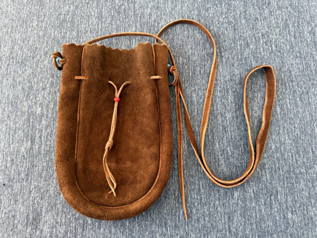 美品 ディアスキン巾着ポーチバッグL 焦茶